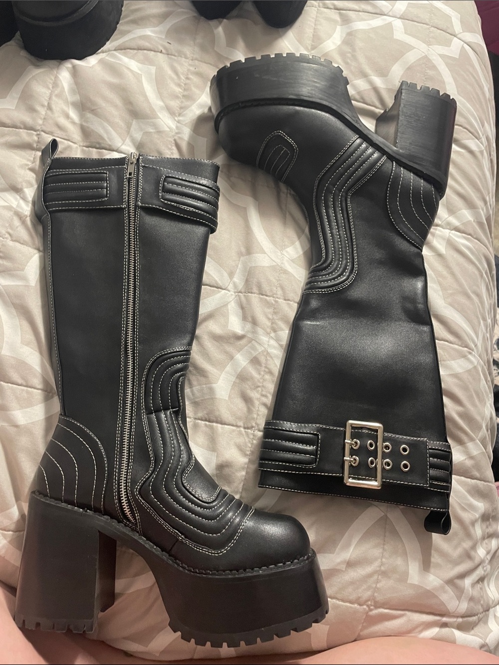 Black Platform Mid-Calf Heeled Boots with Buckle Detail